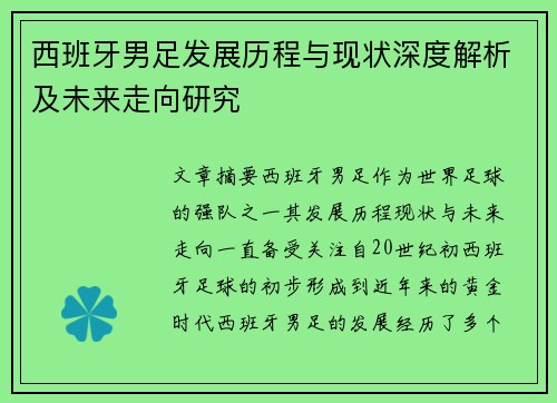 西班牙男足发展历程与现状深度解析及未来走向研究