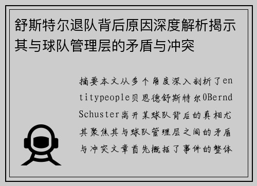舒斯特尔退队背后原因深度解析揭示其与球队管理层的矛盾与冲突 舒斯特尔退队背后原因深度解析揭示其与球队管理层的矛盾与冲突